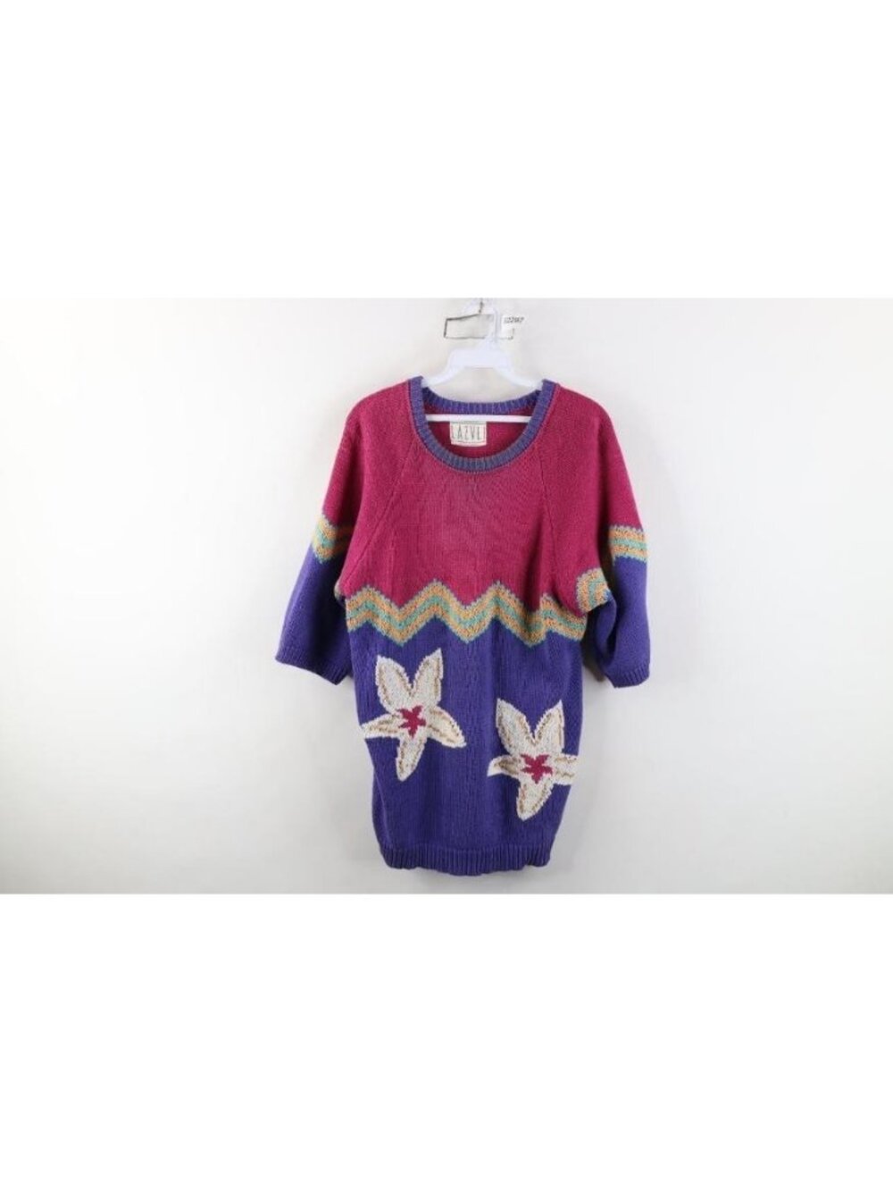 Vintage 90s Streetwear Womens Large Abstract Zig Zag Flower Short Sleeve Sweater